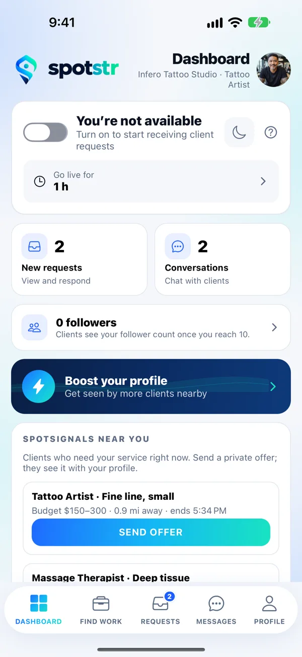 The professional dashboard with the availability switch