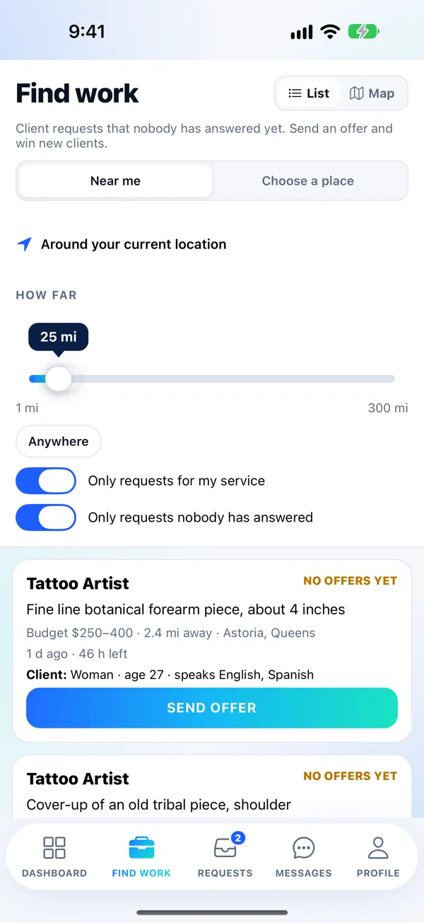 Find work: open client requests near you