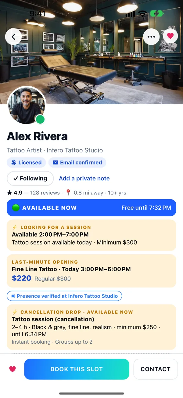 A professional profile showing Available now and a Cancellation Drop